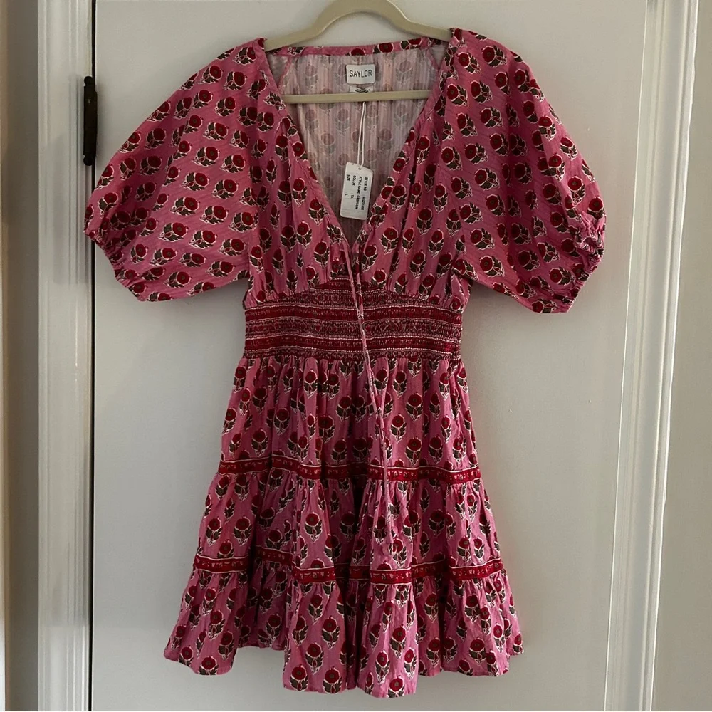 SAYLOR Greyson Pink Floral Puff Sleeve Tiered Mini Dress - Picture 10 of 13